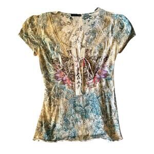 Y2K Vintage Burnout Laceup Tee Size Large Boho Fairy Twilight Coquette Grunge